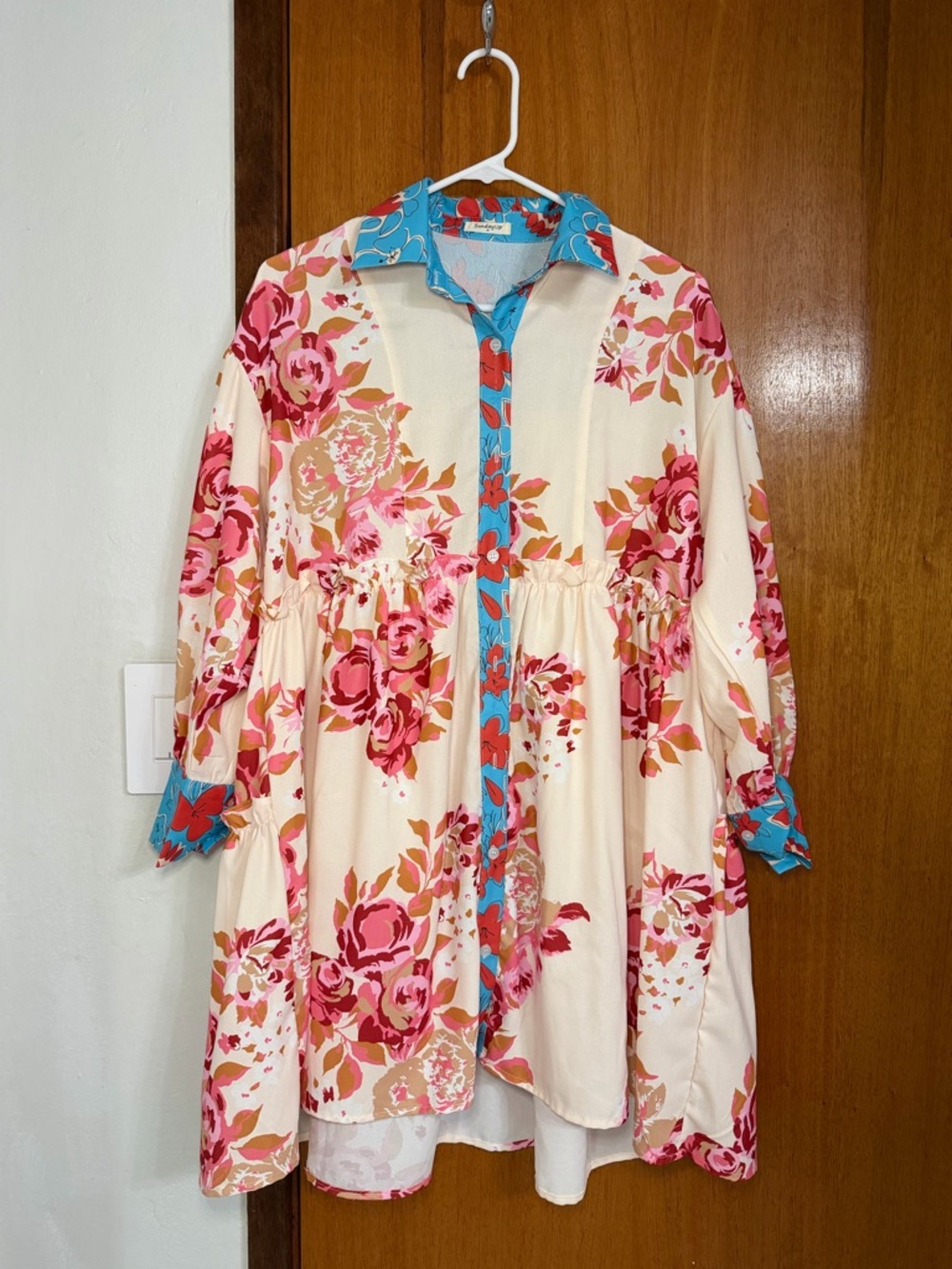 Sunday Floral Cream Tunic Dress with Pink and Blue Accents
